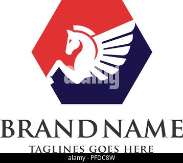 Winged Pegasus hexagon logo vector illustration. Stylized Pegasus mythical creature silhouette, horse winged logo vector, Stock Vector
