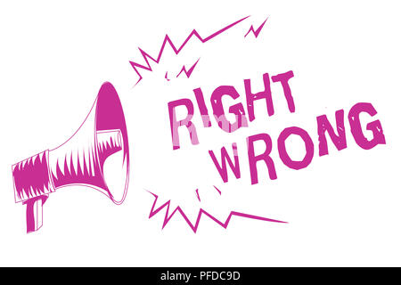 Word writing text Right Wrong. Business concept for choose between two decisions correct and bad one to make Purple megaphone loudspeaker important me Stock Photo