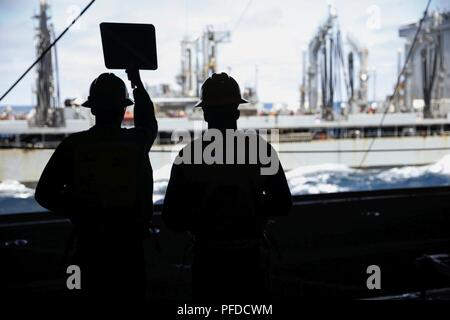 OCEAN (June 4, 2018) – Boatswain’s Mate 3rd Class Clesean Davenport, from Chicago, left, and Boatswain’s Mate 1st Class Danny Herbert, from Virginia Beach, Virginia, both assigned to USS Gerald R. Ford’s (CVN 78) deck department, signal USNS Leroy Grumman (T-AO 195) during a replenishment-at-sea evolution. Ford is currently underway conducting test and evaluation operations. Stock Photo