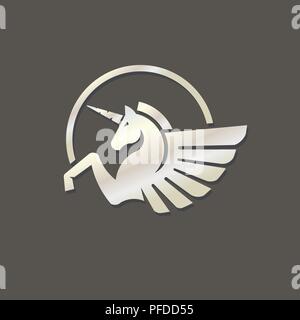 Winged unicorn silver color logo vector illustration. Stylized mythical creature silhouette, horse winged logo vector, Stock Vector