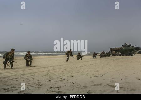 NEMERSITA, Lithuania (June 4, 2018) U.S. Marines assigned to Fox Company, Battalion Landing Team, 2nd Battalion, 6th Marine Regiment, 26th Marine Expeditionary Unit, execute a multilateral amphibious landing during exercise Baltic Operations (BALTOPS) 2018 in Nemersita, Lithuania, June 4. BALTOPS is the premier annual maritime-focused exercise in the Baltic region and one of the largest exercises in Northern Europe enhancing flexibility and interoperability among allied and partner nations. (Marine Corps Stock Photo