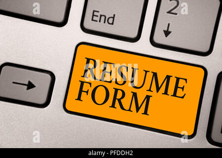 Handwriting text Resume Form. Concept meaning describe the layout elements appearing in written document Keyboard orange key Intention create computer Stock Photo