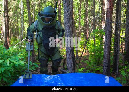 Staff. Sgt. James Ahn, an explosive disposal team leader with 49th Ordnance Company from Fort Campbell, Ky., uses a metal detector to find improvised explosive devices during the 2018 Ordnance Crucible, Fort A.P. Hill, Va., June 5, 2018. EOD teams are assessed on operations and associated tasks require to provide EOD support to unified land operations to eliminate and/or reduce explosive threats. The Ordnance Crucible is designed to test Soldiers' teamwork and critical thinking sills as they apply technical solutions to real world problems improving readiness of the force. Stock Photo