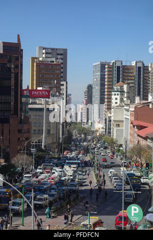 View along Mariscal Santa Cruz Avenue, the main thoroughfare in downtown La Paz, Bolivia Stock Photo