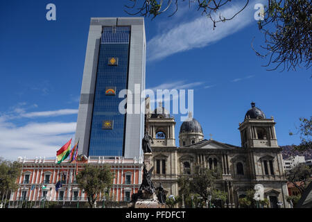 View of the new government presidential palace towering over Plaza Murillo in downtown La Paz, Bolivia Stock Photo