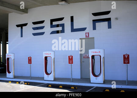 Tesla charging station in Australia, Coffs Harbour shopping mall in New South Wales on 7 August 2018. Illustrative editorial. Stock Photo