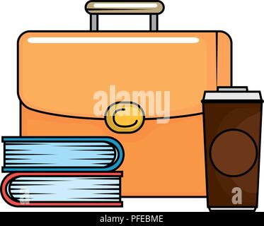 portfolio briefcase with books and coffee vector illustration design Stock Vector