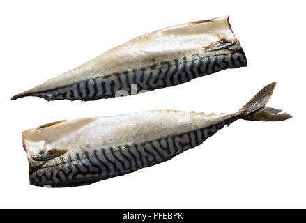 Two raw Fillets of Fresh atlantic mackerel fish isolated on white background, close-up Stock Photo