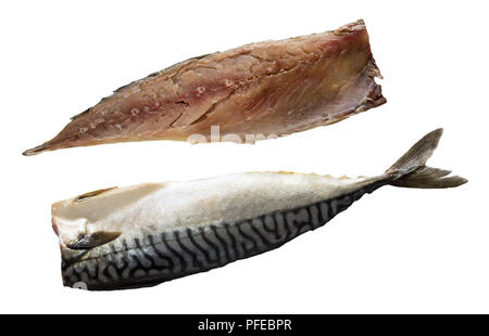 Two raw Fillets of Fresh atlantic mackerel fish isolated on white background, close-up, view from above Stock Photo