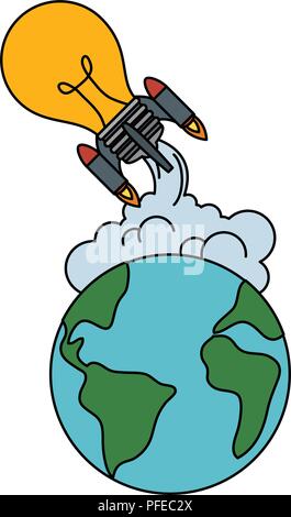 world planet earth with bulb rocket flying vector illustration design Stock Vector