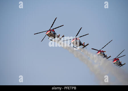 The image of  Dhruv Helicopter seen during one of the aerobatics display at Aero India show in Yelahanka Stock Photo