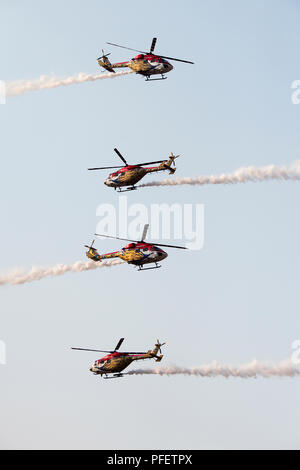 The image of  Dhruv Helicopter seen during one of the aerobatics display at Aero India show in Yelahanka Stock Photo