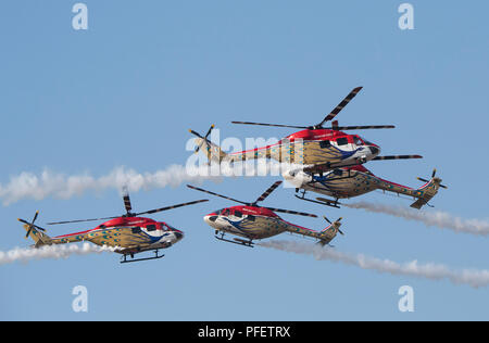 The image of  Dhruv Helicopter seen during one of the aerobatics display at Aero India show in Yelahanka Stock Photo