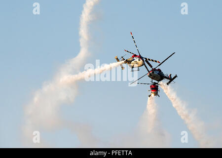 The image of  Dhruv Helicopter seen during one of the aerobatics display at Aero India show in Yelahanka Stock Photo