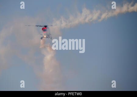 The image of  Dhruv Helicopter seen during one of the aerobatics display at Aero India show in Yelahanka Stock Photo