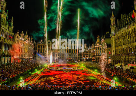 Brussels, Belgium  - August 16, 2018: Grand Place at night during Flower Carpet Festival. Stock Photo