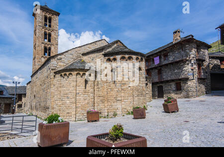 Belfry and church of Santa Maria de Taull, Catalonia, Spain. Catalan Romanesque Churches of the Vall de Boi are declared a UNESCO World Heritage Site  Stock Photo