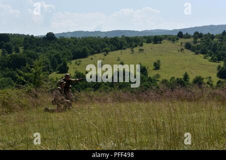 Soldiers assigned to the British army discuss a plan to approach a potential dangerous obstacle on the road during foot patrol training at Exercise Platinum Wolf 2018. The Serbian-led two-week, multinational peacekeeping exercise brings more than 500 soldiers from 10 nations together to enhance military cooperation and interoperability at Serbia’s South Base and Borovac Training Area, June 11-22, 2018. (Ohio National Guard Stock Photo