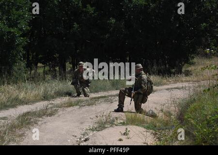 Soldiers assigned to the British army discuss a plan to approach a potential dangerous obstacle on the road during foot patrol training at Exercise Platinum Wolf 2018. The Serbian-led two-week, multinational peacekeeping exercise brings more than 500 soldiers from 10 nations together to enhance military cooperation and interoperability at Serbia’s South Base and Borovac Training Area, June 11-22, 2018. (Ohio National Guard Stock Photo