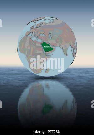 Saudi Arabia with national flag on globe above water surface. 3D illustration. Stock Photo