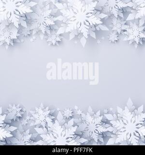 Vector Christmas and new year holidays background with realistic looking paper craft snowflakes. Seasonal wishes Merry Christmas and Happy New Year gr Stock Vector