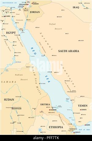 Map of the Red Sea with its neighboring countries. Stock Vector