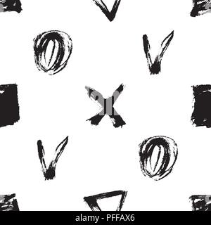 Seamless pattern. Vector abstract background. Black and white. Hand drawn geometric illustration with circles triangles squares and crosses. Sketch br Stock Vector