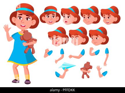 Girl, Child, Kid, Teen Vector. Friend. Clever Positive Person. Face Emotions, Various Gestures. Animation Creation Set. Isolated Flat Cartoon Character Illustration Stock Vector