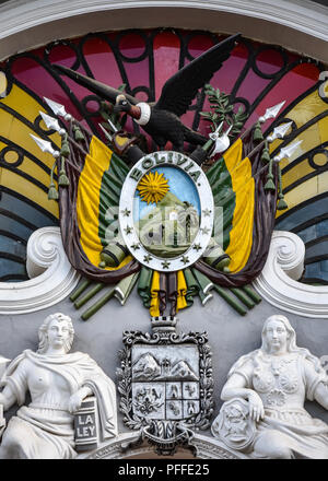 Bolivian coat of arms on the Chuquisaca Governorship Palace in Plaza 25 de Mayo Square, Sucre, Bolivia Stock Photo