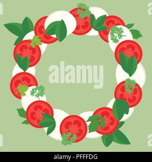 Flat design illustration of round frame made of slices of tomato and mozzarella, basil leaves and parsley leaves, isolated on green background with sp Stock Vector