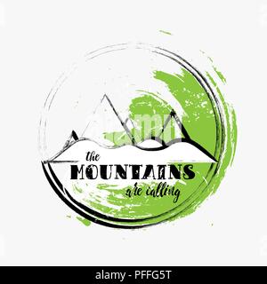 Round Stamp with Motivation Quote Mountains are Calling. Stock Vector