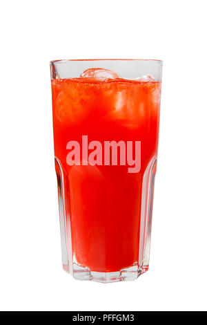 Single-colored, red cocktail in a glass with ice from grapefruit, tomato, strawberry. Isolated white background. Side view. Drink for the menu restaur Stock Photo