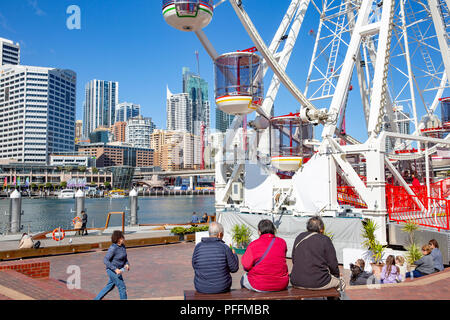 Ferris wheel in Darling harbour and Sydney city centre skyline,New South Wales,Australia Stock Photo