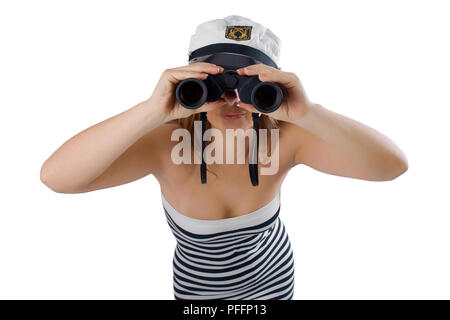 girl looking at you through binoculars isolated on a white background Stock Photo