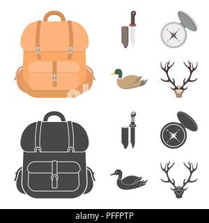 Knife with a cover, a duck, a deer horn, a compass with a lid.Hunting set collection icons in cartoon,black style vector symbol stock illustration . Stock Vector