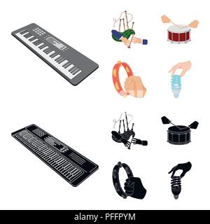 Synthesizer melodies, bagpipes Scotch and other  icon in cartoon,black style. drum, drum roll, tambourine in hand icons in set collection. Stock Vector