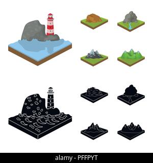 Mountains, rocks and landscape. Relief and mountains set collection icons in cartoon,black style isometric vector symbol stock illustration . Stock Vector