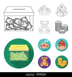 Boxing glass with donations, hands with hearts, house in hands, teddy bear for charity. Charity and donation set collection icons in outline,flat styl Stock Vector