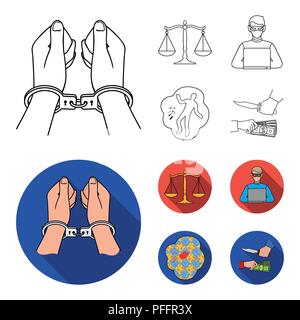 Handcuffs, scales of justice, hacker, crime scene.Crime set collection icons in outline,flat style vector symbol stock illustration . Stock Vector