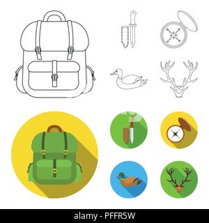 Knife with a cover, a duck, a deer horn, a compass with a lid.Hunting set collection icons in outline,flat style vector symbol stock illustration . Stock Vector