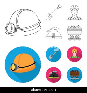 A shovel, a miner, an entrance to a mine, a trolley with coal.Mine set collection icons in outline,flat style vector symbol stock illustration . Stock Vector