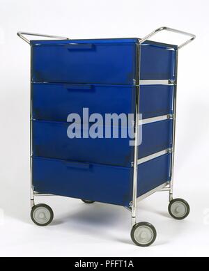 Trolley with blue plastic storage drawers Stock Photo