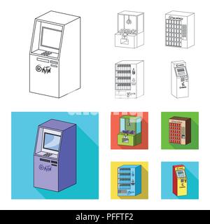 A game machine, a ticket sales terminal, an automaton for selling aqua and chocolate. Terminals set collection icons in outline,flat style isometric v Stock Vector