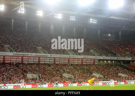 Moscow, Russia - August 14, 2018: Spartak fans celebrating for their team during the UEFA Champions League Third qualifying round , between FC Spartak Stock Photo