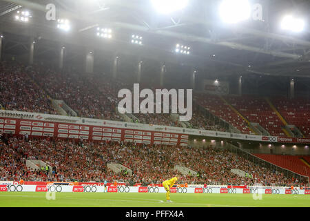 Moscow, Russia - August 14, 2018: Spartak fans celebrating for their team during the UEFA Champions League Third qualifying round , between FC Spartak Stock Photo