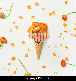 Waffle cone with orange buttercup flowers over white background Stock Photo