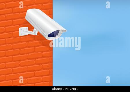 Security camera on red brick wall. With blue sky Stock Vector
