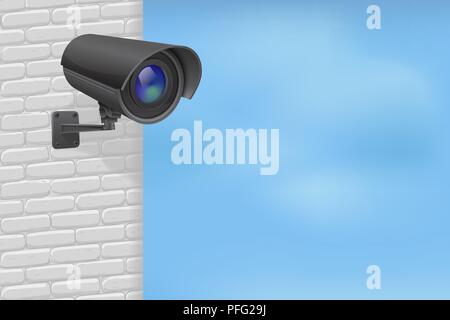 Security camera on brick wall. With blue sky Stock Vector