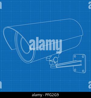 CCTV security camera. Outline drawing on blueprint bacground Stock Vector
