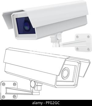 CCTV security camera. 3d model and outlinen drawing Stock Vector